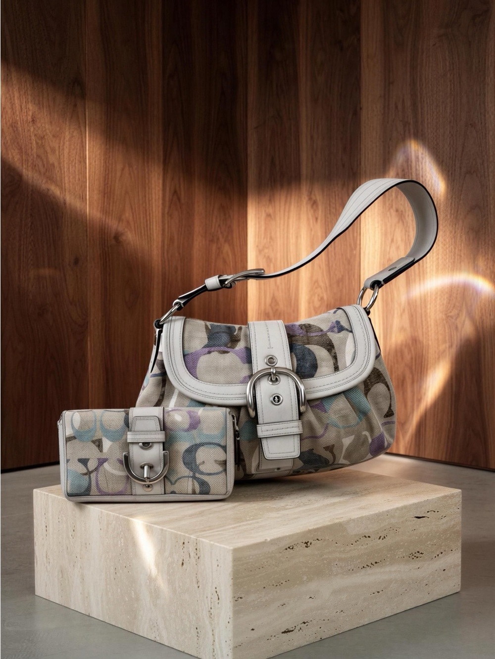 Coach SOHO Neutral Multicolor Canvas Shoulder Bag with Matching Wallet